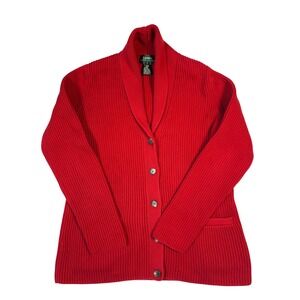 Lauren Ralph Lauren Red Ribbed Cotton Shawl Collar Cardigan Sweater Womens S